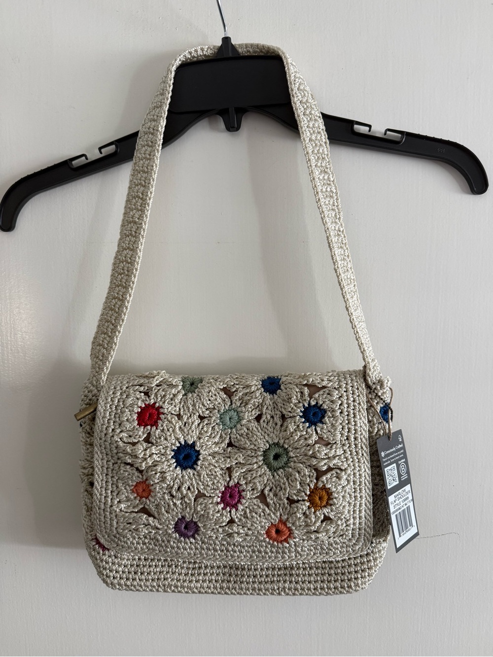 The Sak Marlow Beige Crochet Shoulder Bag with Multicolor Flower Accents